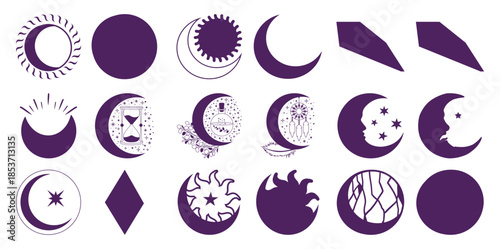 Collection of purple celestial and geometric moon phase symbols and abstract shapes