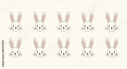 Minimalist repeating pattern of cute, symmetrically arranged white rabbit heads with pink ears in a dashed line art style on a beige background.
