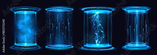 Neon blue game portals set isolated on black. Vector realistic illustration of round teleport podiums with hologram lightning, sparkle, mist effect, futuristic vr lab platform, fantasy sci-fi screen