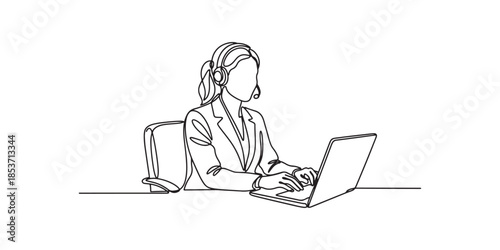 Single continuous line drawing of a call center woman wearing a headset and working at a computer. Minimalist one line art of customer support representative, or business communication concept.