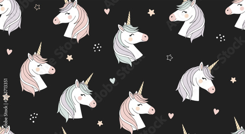 Cute seamless pattern of unicorn heads with pastel-colored manes, surrounded by hearts and stars on a solid black background for contrast.