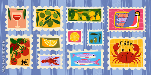 Amalfi coastal stamp collection with vibrant summer illustrations - Mediterranean seafood, lemons and olives in retro postage frames. Italian pattern with crab, fish and citrus art on blue bg.