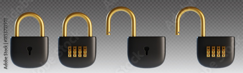 Combination padlocks set isolated on transparent background. Vector realistic illustration of open and closed iron black and gold dial lock with number code and keyhole, security and privacy symbol