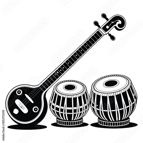 Traditional Indian Musical Instruments Sitar and Tabla in Black and White Outline Style for Cultural and Artistic Representations on Transparent