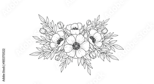 Elegant black and white line art illustration of a delicate floral bouquet with anemone flowers and detailed leaves on a white background.