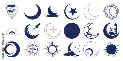 Collection of monochrome celestial featuring moons suns stars and abstract symbols in deep blue