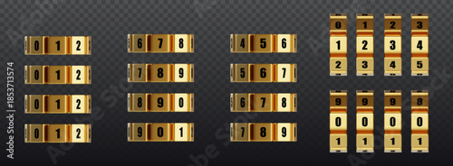 Lock number combinations set isolated on transparent background. Vector realistic illustration of gold metal dial with black figures, secret protection, safe security code, door access control system