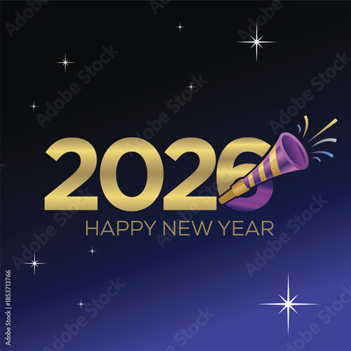 Happy New Year 2026 Square creative Greeting card. Beautiful holiday web banner with Golden sparkling number 2026 on night sky background. New Year Template with copy space for design