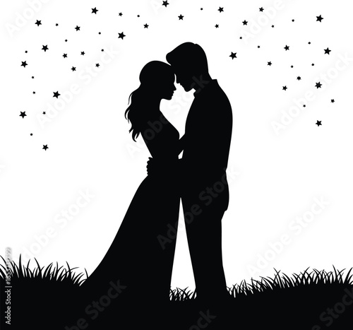 Couple hugging under starry sky, standing in grass field