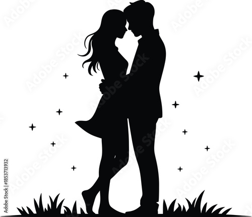 Romantic couple hugging under stars, standing on grass