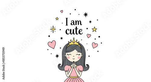 Adorable hand-drawn illustration of a little princess with a crown and pink dress, surrounded by stars and hearts with 'I am cute' text.