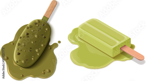 Melting ice cream popsicle with green pistachio flavor on white background. 3d realistic illustration of wooden stick and dripping puddle. Summer frozen dessert with fallen treat and liquid splash