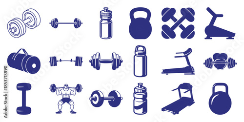 Collection of blue fitness equipment including dumbbells kettlebells treadmills barbells and water bottles