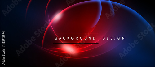 Abstract design features vibrant red, blue glows. Lines create dynamic shapes, text reads background design. Dark backdrop enhances luminosity.