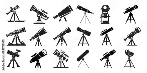 Collection of black silhouette telescopes tripods and mounts astronomy science