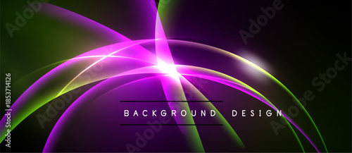 Abstract vibrant design features glowing curves, radiating light. Dark background contrasts bright purple, green hues. Modern aesthetic.