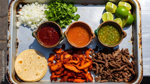 Delicious taco ingredients arranged on a baking sheet outdoors