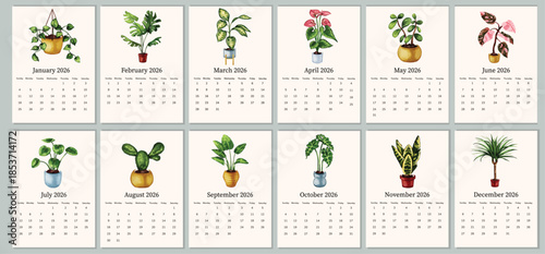 2026 year calendar vector design with watercolor indoor flower vase