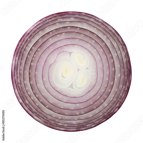 Vibrant red onion slice with concentric rings and white background