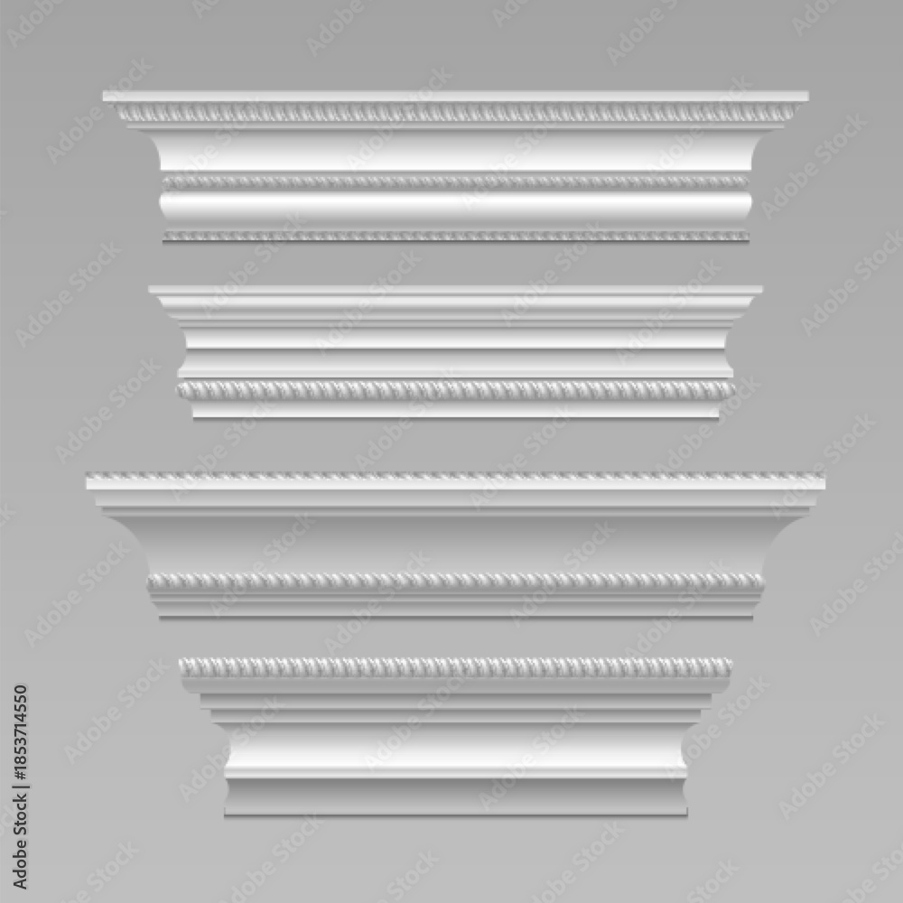 Naklejka premium White cornice molding collection with decorative trim elements - classic baseboard and crown designs with ornate plaster patterns. Architectural wall borders with realistic 3d relief frieze details