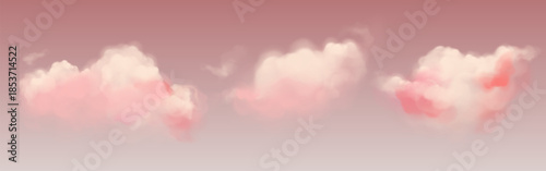 Pink cloud background with realistic soft fluffy shapes. Dreamy sky with cotton candy texture and gentle gradient. Fantasy atmosphere with romantic sunset clouds for valentine or fairytale design