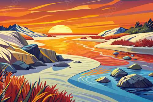 estuary beach where river meets sea features mixed coastal vegetation, combining fresh and saltwater plant ecosystems