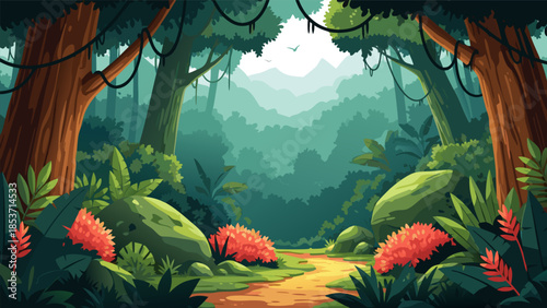 Vibrant jungle landscape with lush greenery, exotic flowers, and a winding path through ancient trees and misty mountains