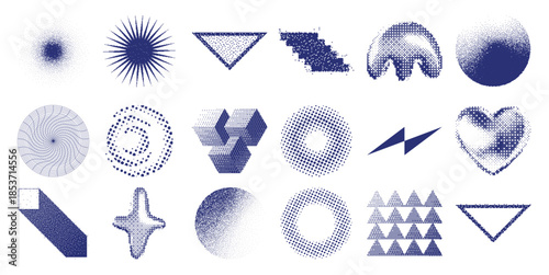 Collection of abstract geometric shapes and patterns in dark blue halftone dots and pixels