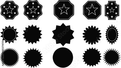 Black starburst and badge silhouette collection featuring decorative seals, labels, and award shapes illustrated in clean flat vector style isolated on white background for branding, promotion, and gr