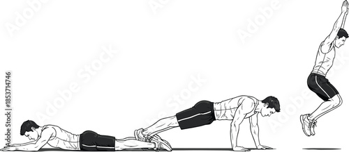 Burpee exercise movement sequence illustration showing floor push up, plank, and explosive jump technique demonstrated by male athlete illustrated in clean black line art vector style isolated on whit