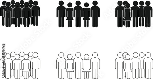 People group and crowd silhouette icon collection showing families, teams, and community groups in different formations illustrated in black and white flat vector style isolated on white background fo