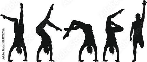 Gymnastics and acrobatics silhouette collection featuring handstands, flips, and dynamic athletic poses illustrated in black flat vector style isolated on white background for fitness, sport, and move