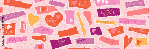 Valentine's day torn paper collage seamless pattern with hearts. Vector ripped edge retro love quote sticker bg. Funky love collage banner. Grungy red pink cutout hearts, sticky notes, and washy tape