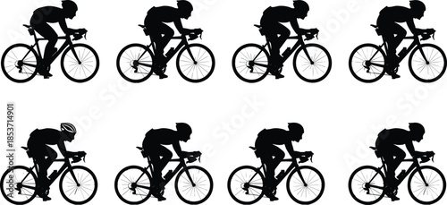 Cycling race silhouette collection featuring road bicycle riders in aerodynamic racing posture illustrated in black flat vector style isolated on white background for sports, fitness, and competition 