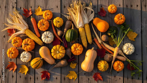 Vibrant autumn harvest display with pumpkins, squash, corn, and colorful fall leaves on rustic wooden table