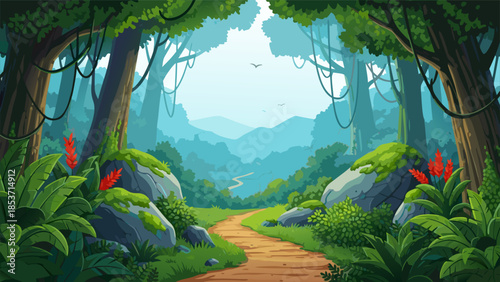 Vibrant pixel art jungle path leads through lush green forest with distant mountains under a clear sky