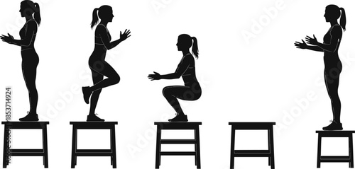 Plyometric box jump exercise silhouette sequence showing female athlete performing jump training steps illustrated in black flat vector style isolated on white background for fitness, workout, and ath