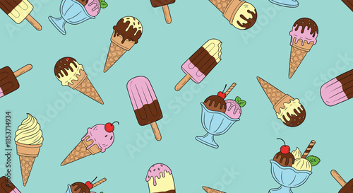 Bright and cheerful seamless pattern of assorted cartoon ice cream treats, including cones and popsicles, on a vibrant light blue background.