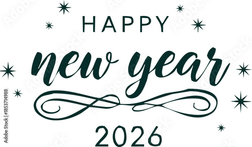 Happy new year 2026 typography with stars and swirls on transparent background festive greeting card