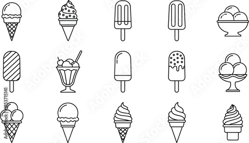 Ice cream dessert outline icon collection featuring cones, popsicles, sundaes, and frozen treats illustrated in clean black line art vector style isolated on white background for menu, cafe, and food 
