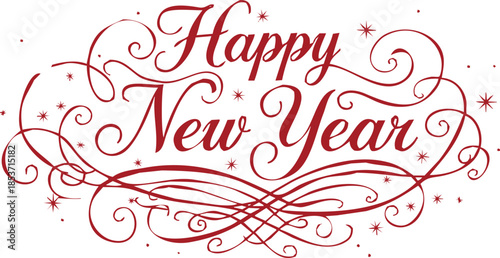 Happy new year red calligraphy typography with swirls and stars on transparent background festive greeting