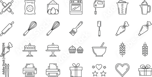 Baking and kitchen outline icon collection featuring cooking tools, ingredients, desserts, appliances, and pastry elements illustrated in clean black line art vector style isolated on white background