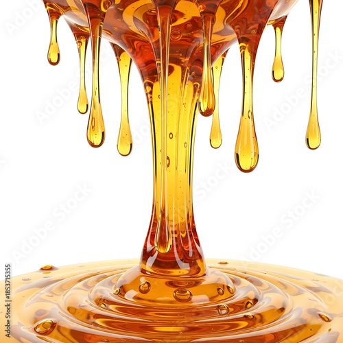 Golden liquid pouring down with droplets on white background