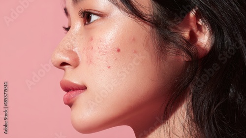 Young woman experiencing acne and skin breakouts on her cheek and forehead, focusing on skin problems, imperfect beauty, and dermatological concerns, on a pink background