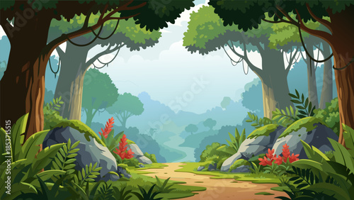 Enchanting Jungle Pathway Through Lush Greenery and Tropical Flora Illuminated by Soft, Misty Sunlight