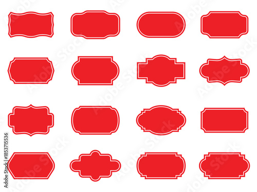 Vintage label collection with ornate frames red silhouettes. Decorative badge shapes for product packaging, branding and logo design. Set of vintage label and badges shape collections red colour.