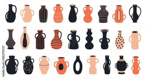 Large collection of hand-drawn ceramic vases and pots in various shapes and sizes, featuring abstract patterns in a black, orange, and beige palette.