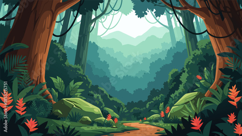 Vibrant tropical rainforest with lush foliage, exotic flowers, and a winding path through a misty mountain landscape