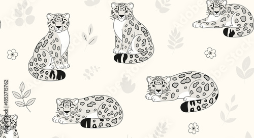 Gentle seamless pattern featuring cute, hand-drawn snow leopards in various poses with delicate leaves on a soft beige background.