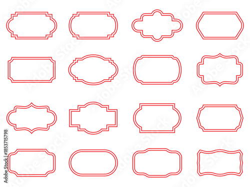Vintage label collection with ornate frames red line. Decorative badge shapes for product packaging, branding and logo design. Set of vintage label and badges shape collections red colour.